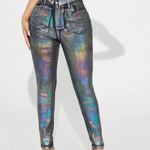 Iridescent Rainbow Metallic Silver Foil Jeans